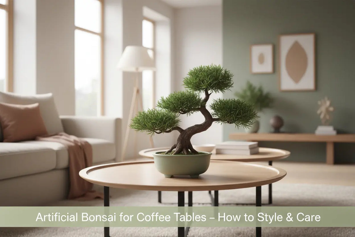 ARICK DECOR artificial bonsai plant styled on a modern coffee table