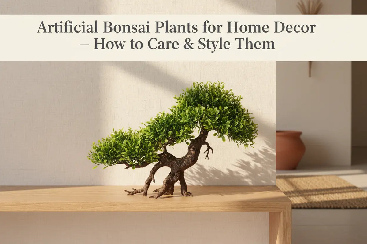 ARICK DECOR artificial bonsai plant styled on a modern home console table