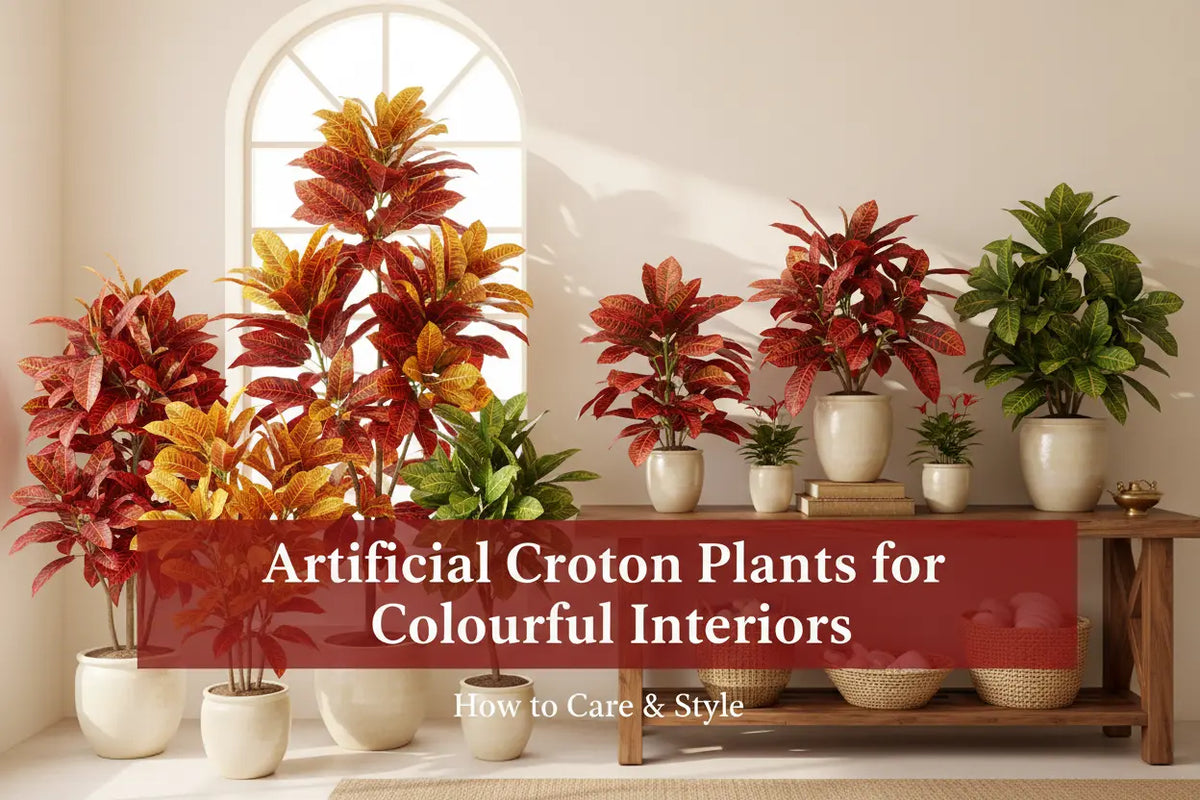 ARICK DECOR artificial Croton plant with colourful foliage styled in a modern home interior