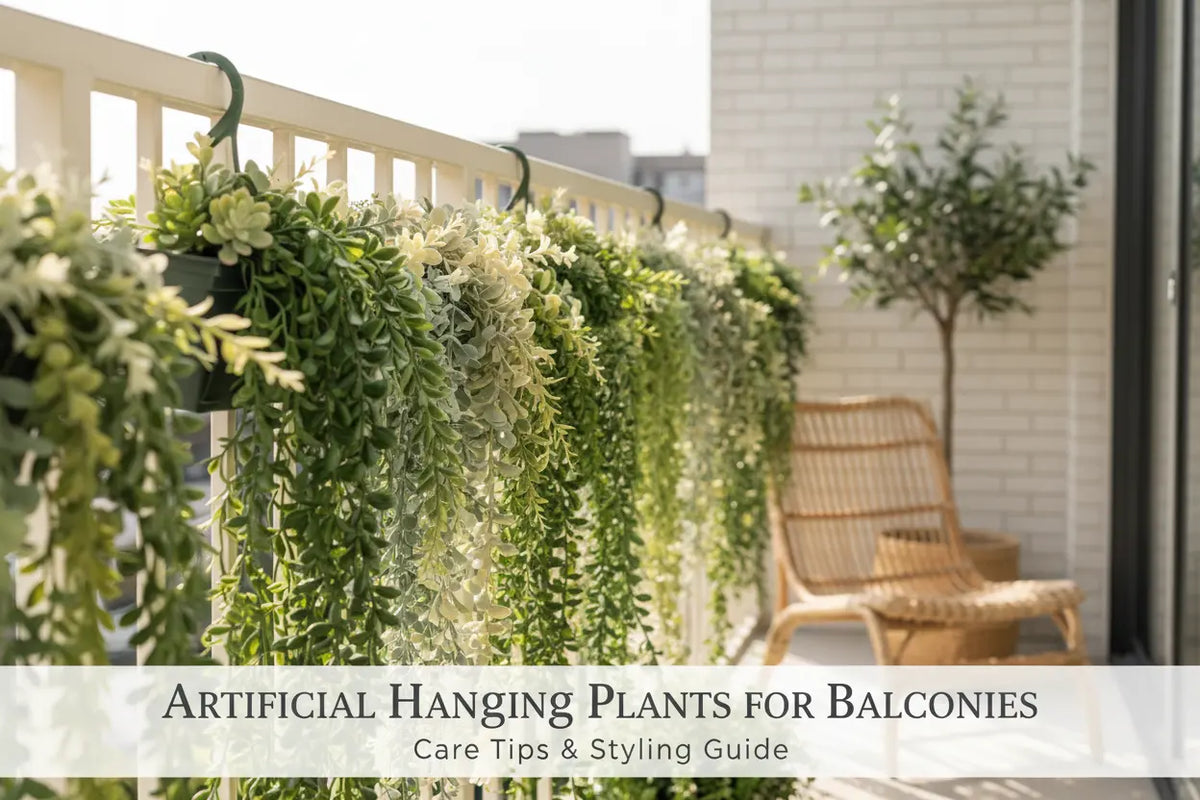 ARICK DECOR artificial hanging plants styled on a modern home balcony