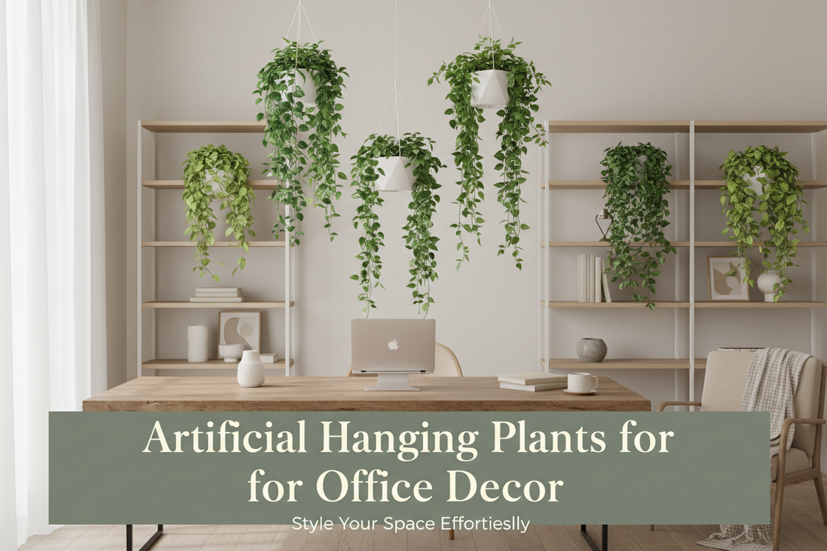 ARICK DECOR artificial hanging plants styled in a modern office interior