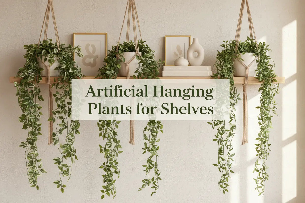 ARICK DECOR artificial hanging plant cascading from a modern decorative shelf