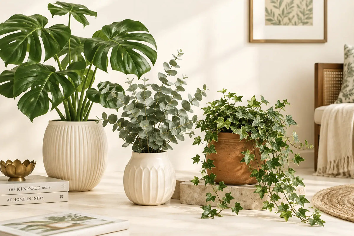 Large artificial plants in decorative pots for modern home and office decor
