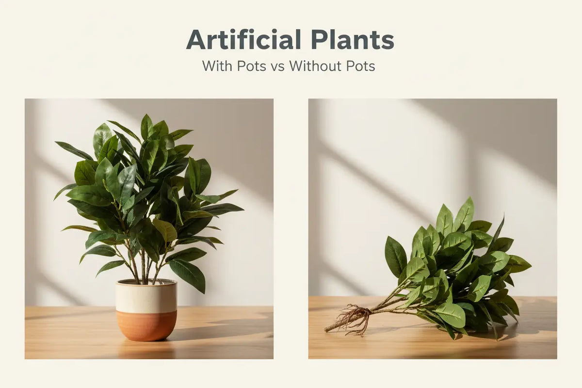 ARICK DECOR artificial plants displayed with and without decorative pots in a modern interior