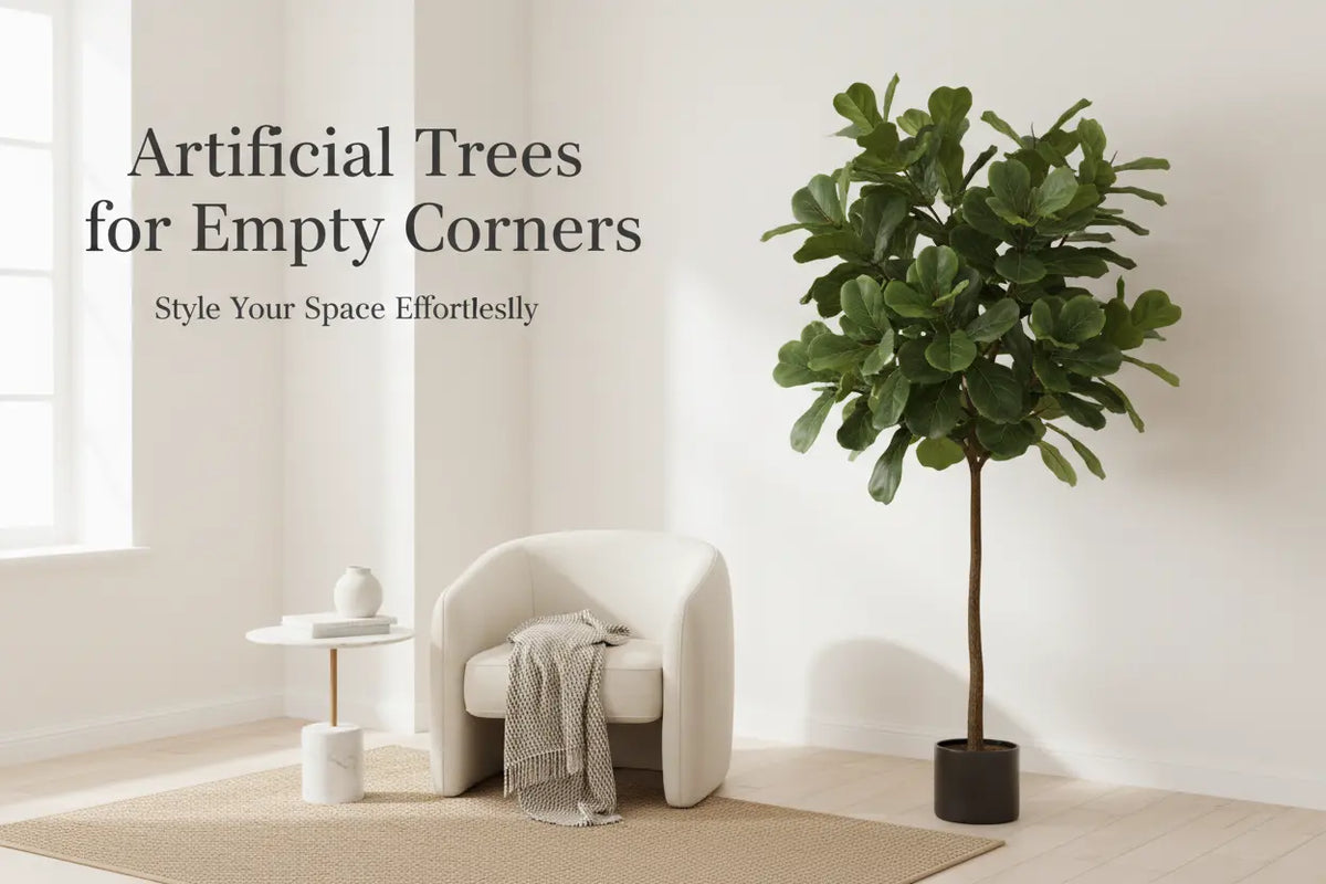 ARICK DECOR artificial tree styled in an empty corner of a modern interior