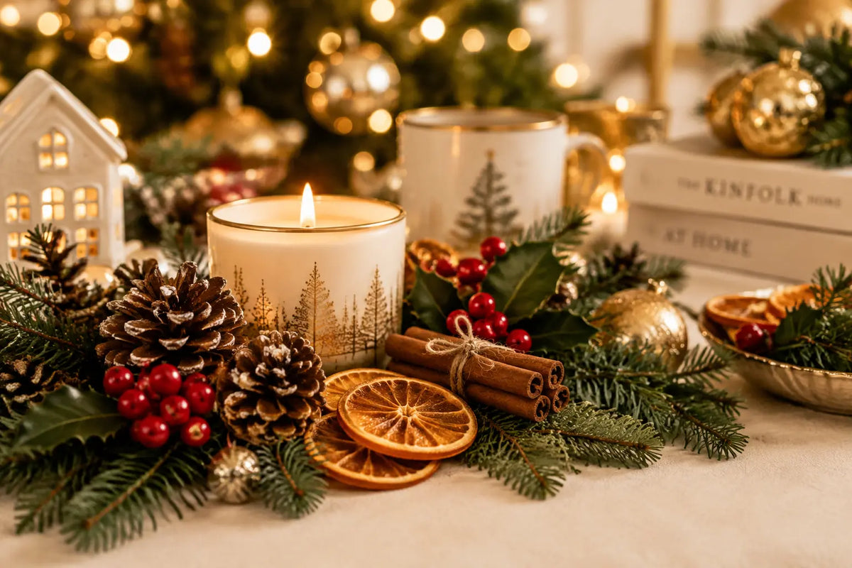 Artificial Christmas tree decorated with ornaments and gifts in a stylish living room