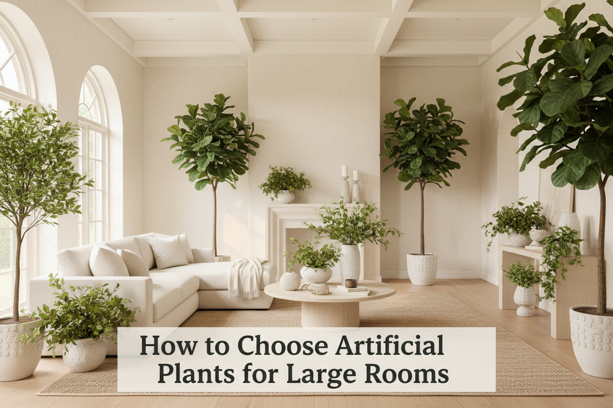 ARICK DECOR tall artificial trees and plants styled in a spacious modern room
