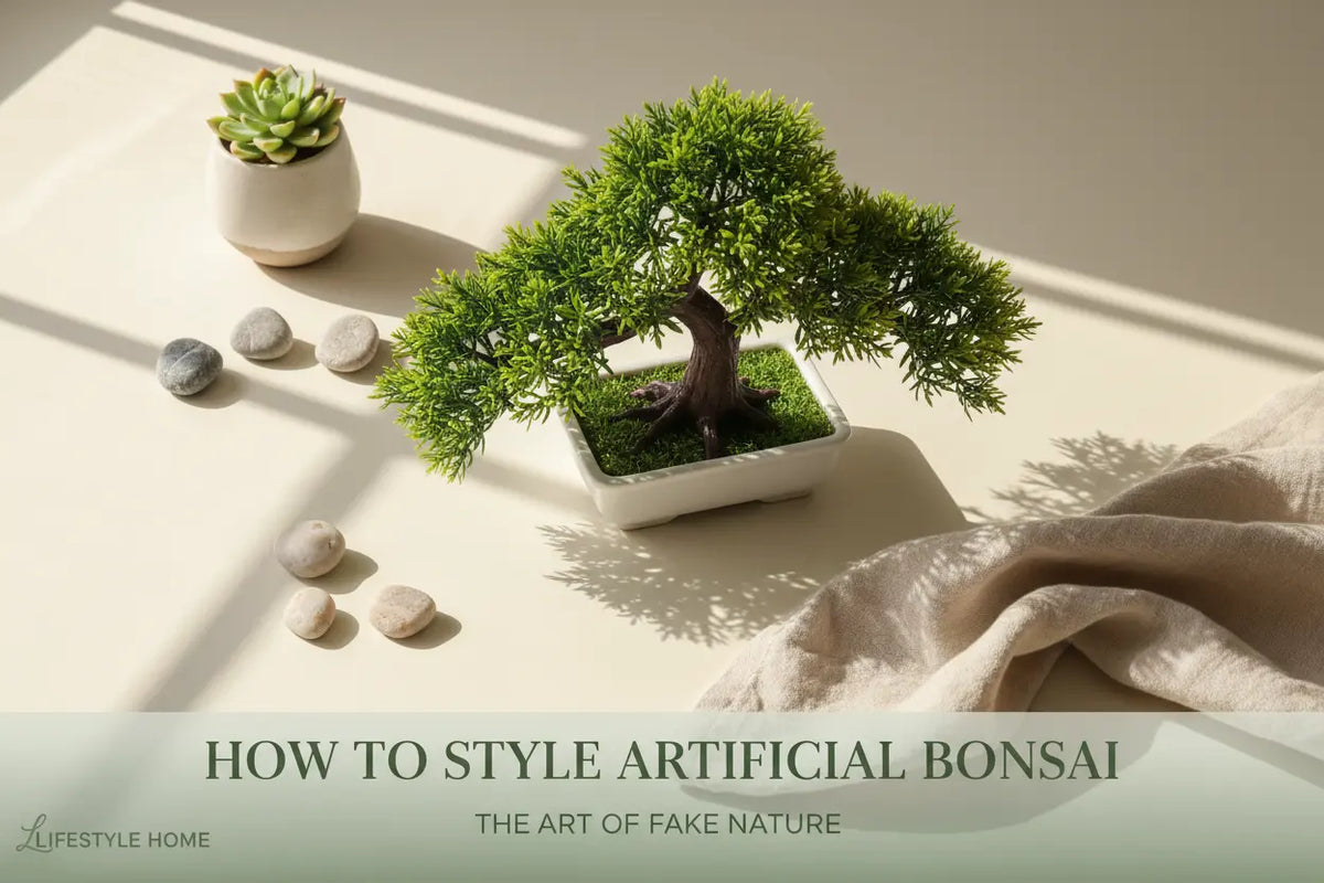 ARICK DECOR artificial bonsai styled with modern home accessories