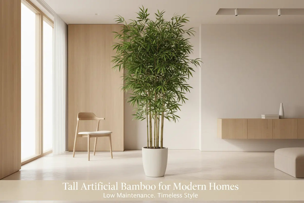 Tall ARICK DECOR artificial bamboo tree styled in a modern home interior
