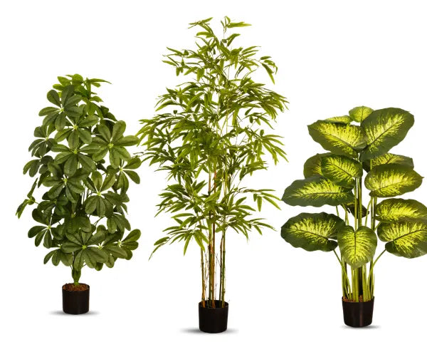Arick Decor artificial plant trio featuring Schefflera umbrella plant, bamboo tree, and variegated Dieffenbachia with yellow-green patterned leaves.