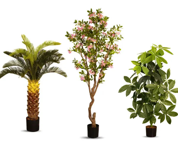 Arick Decor artificial plant collection featuring Sago palm, pink cherry blossom flowering tree, and Schefflera umbrella plant.