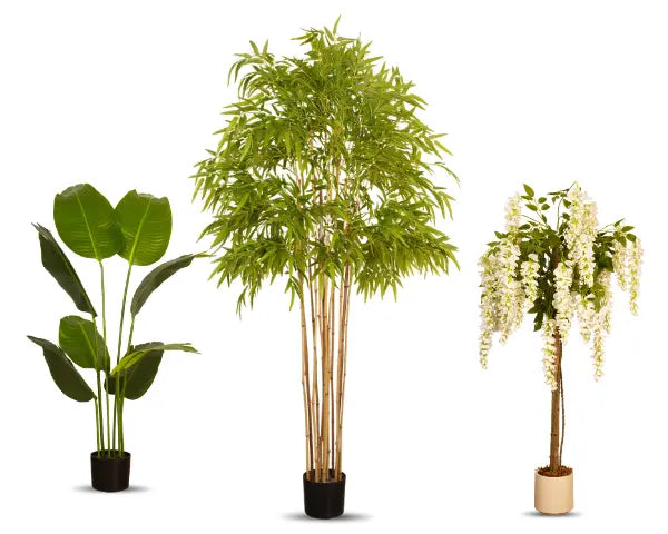 Arick Decor artificial plant collection featuring broad-leaf, bamboo tree, and white wisteria flowering plant styles.