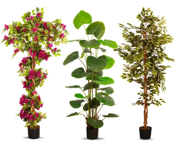 Arick Decor tall artificial trees featuring pink bougainvillea vine, large fan-leaf plant, and variegated ficus tree.