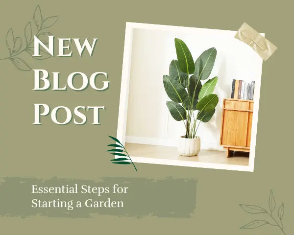 Arick Decor new blog post graphic featuring a bird of paradise plant in a woven pot, styled beside a wooden shelf, with sage green background and decorative leaf illustrations.