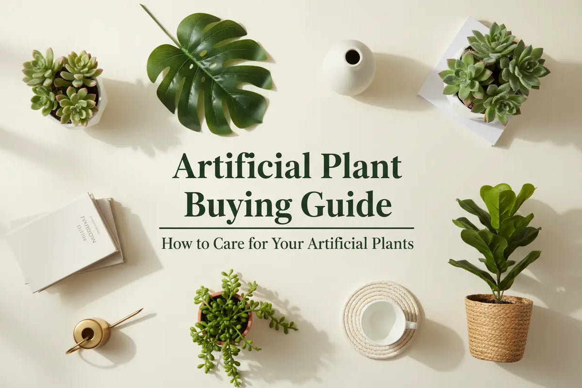 ARICK DECOR artificial plant buying guide featuring artificial trees, bamboo, bonsai and decorative plants in a modern interior