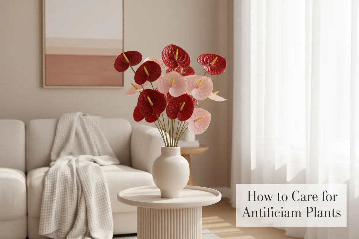 ARICK DECOR artificial Anthurium plant with green foliage and colourful blooms styled in a modern home interior