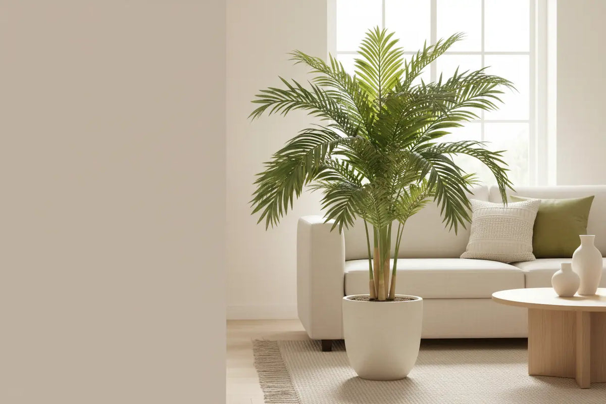ARICK DECOR artificial Areca Palm styled in a modern living room corner