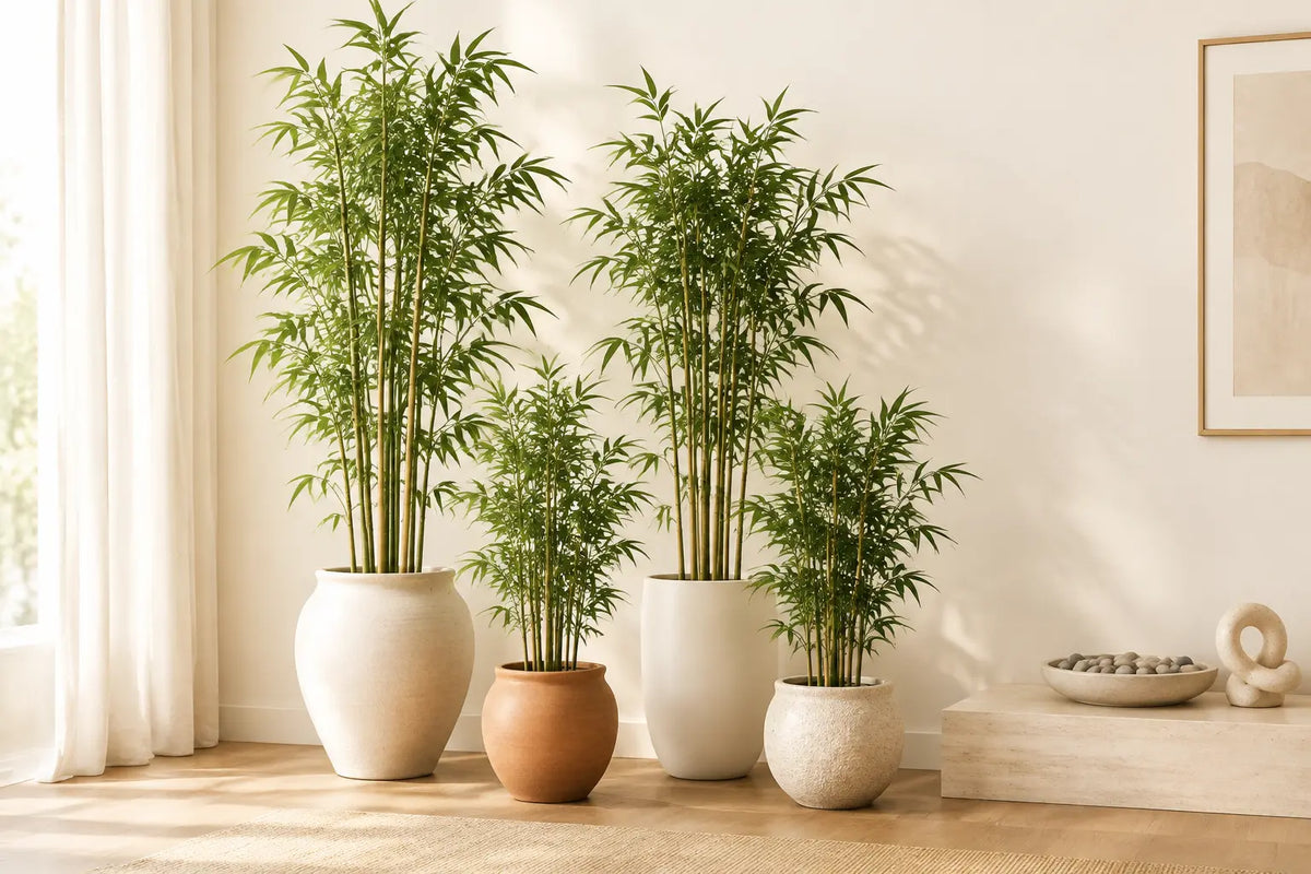 Artificial bamboo plants in decorative pots for modern home interior