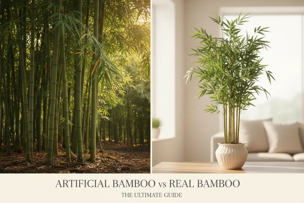 Artificial bamboo tree compared with real bamboo plant for interior decor
