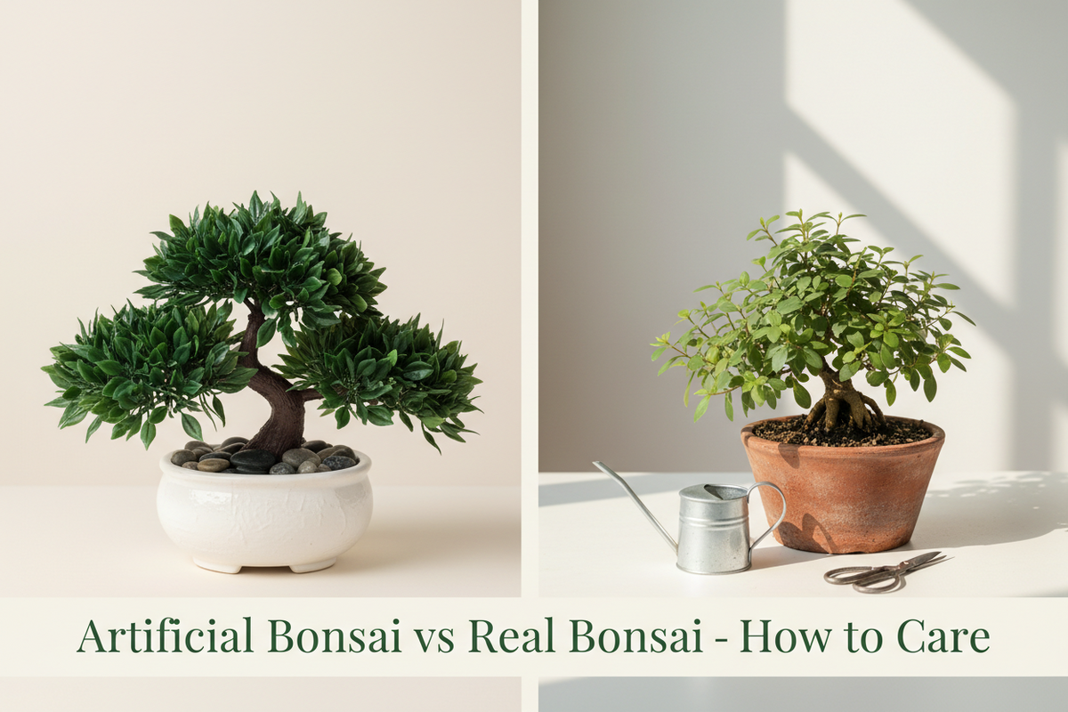 Artificial bonsai compared with real bonsai for modern interior decor by ARICK DECOR