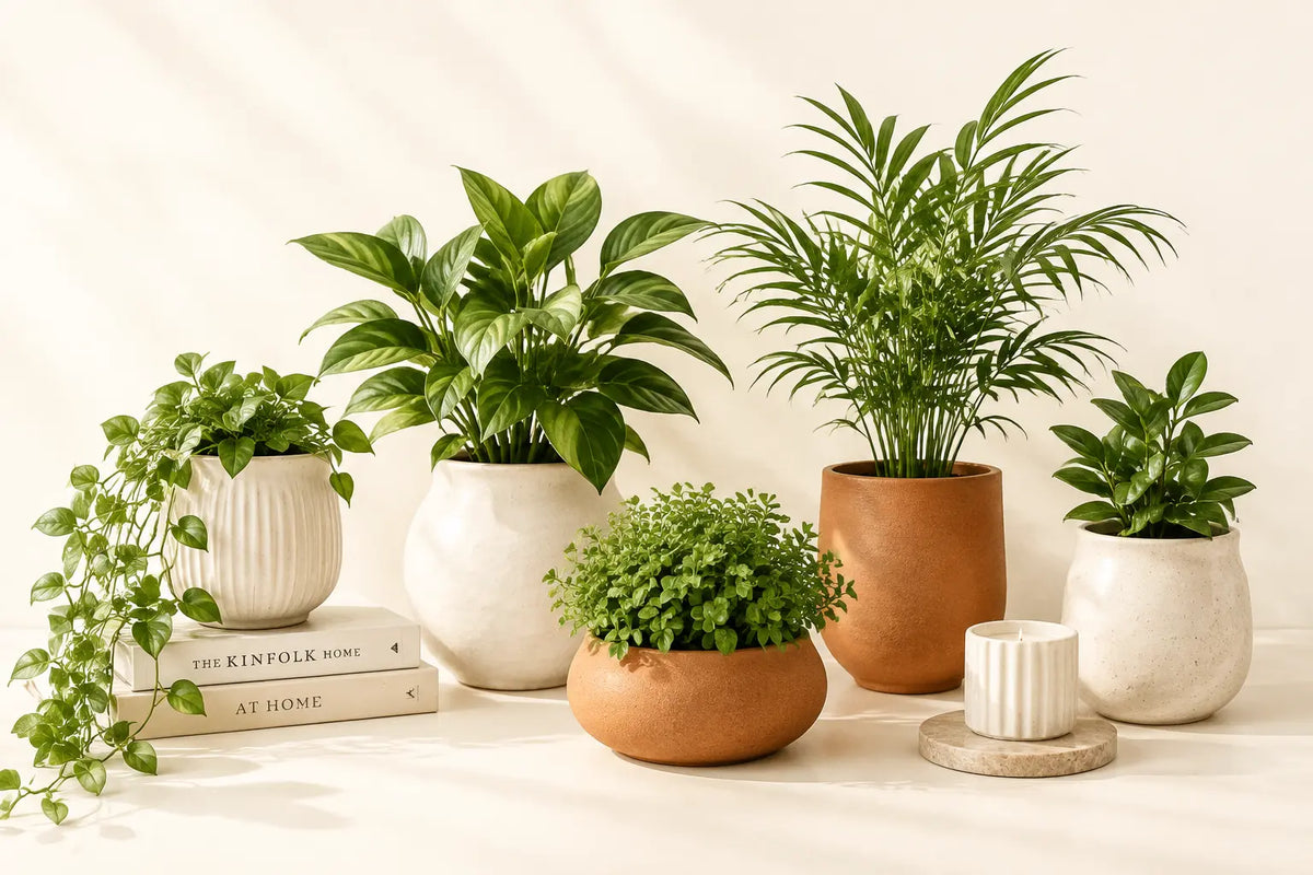 Artificial planter arrangements with realistic greenery for modern home and office decor