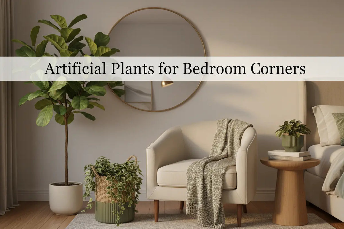 ARICK DECOR artificial fiddle leaf fig tree in a white pot displayed in a cozy modern bedroom corner next to an armchair.