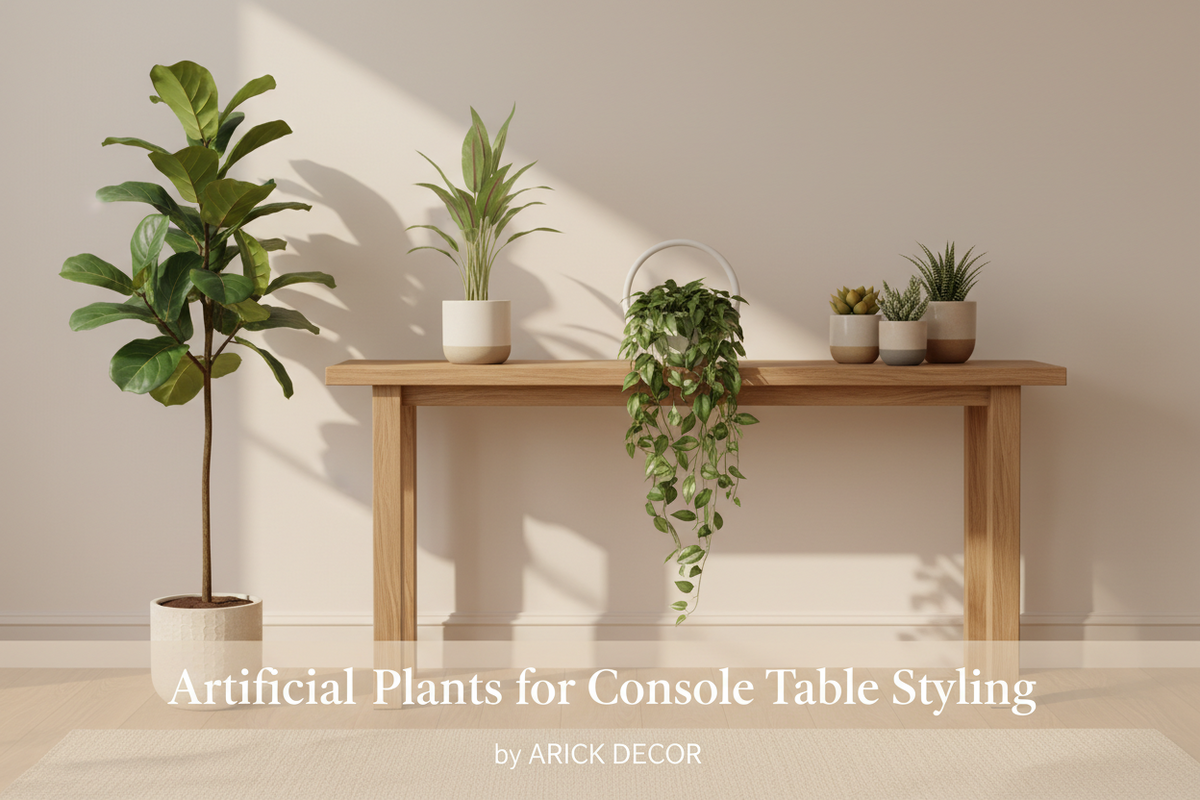Artificial plants styled on a modern console table by ARICK DECOR