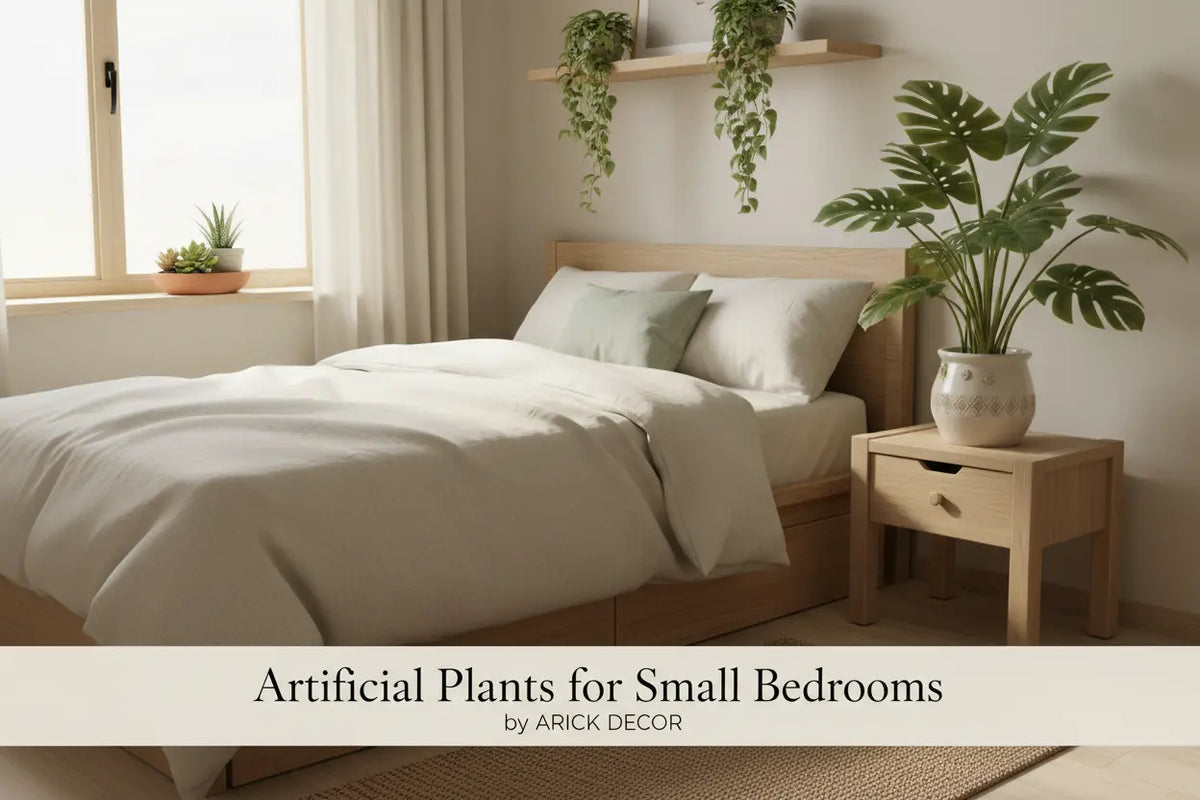 Artificial hanging plant displayed on a bedroom shelf