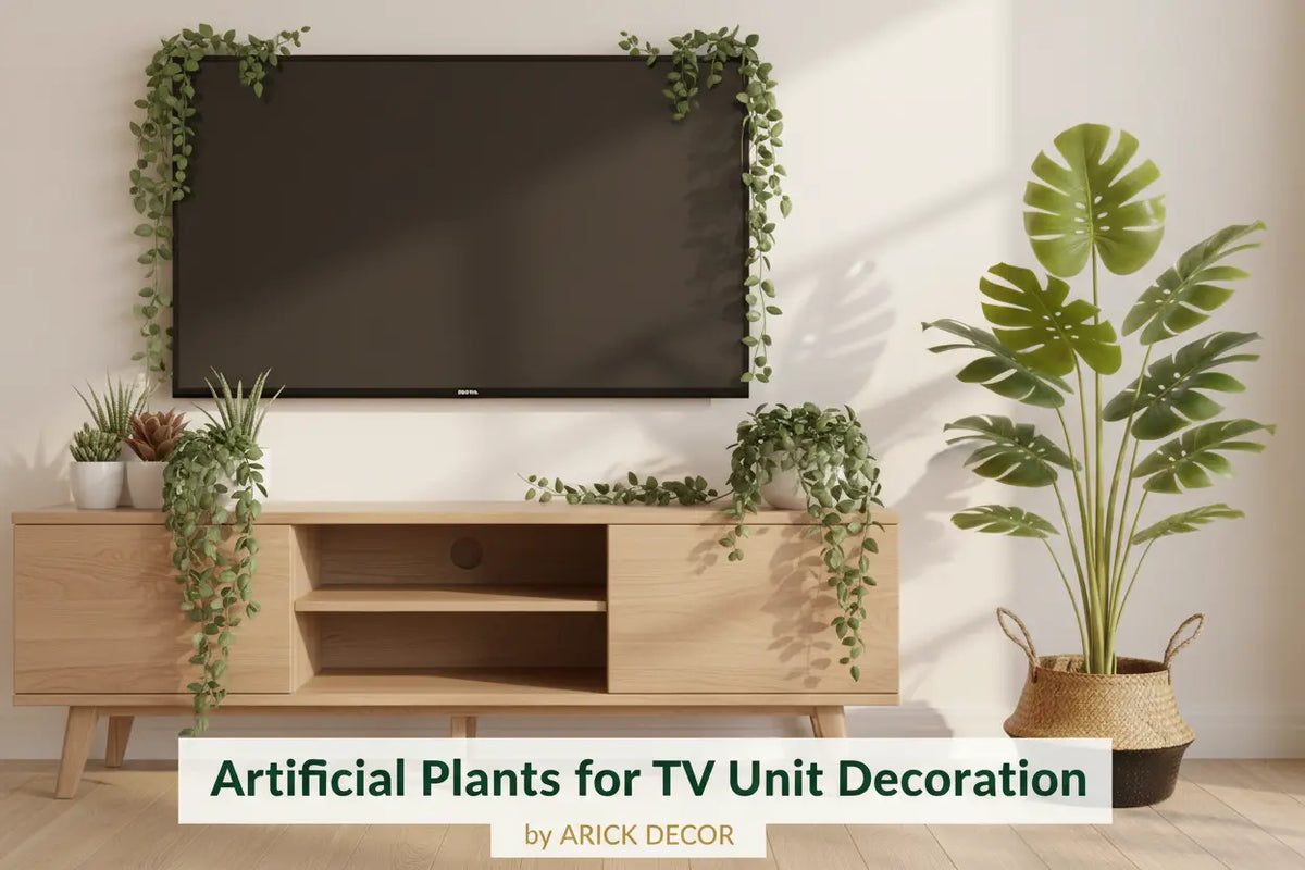 modern living room with a TV unit and artificial plants styled around it.