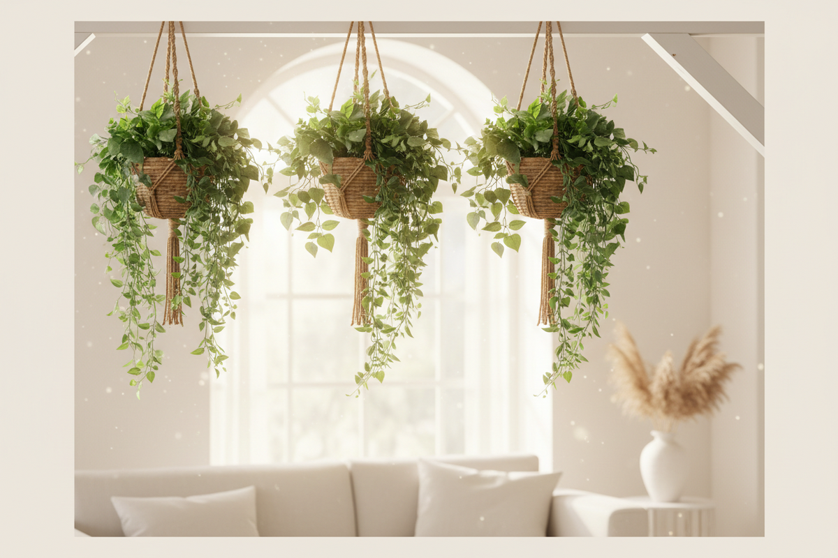 ARICK DECOR artificial hanging plant styled in a modern home interior