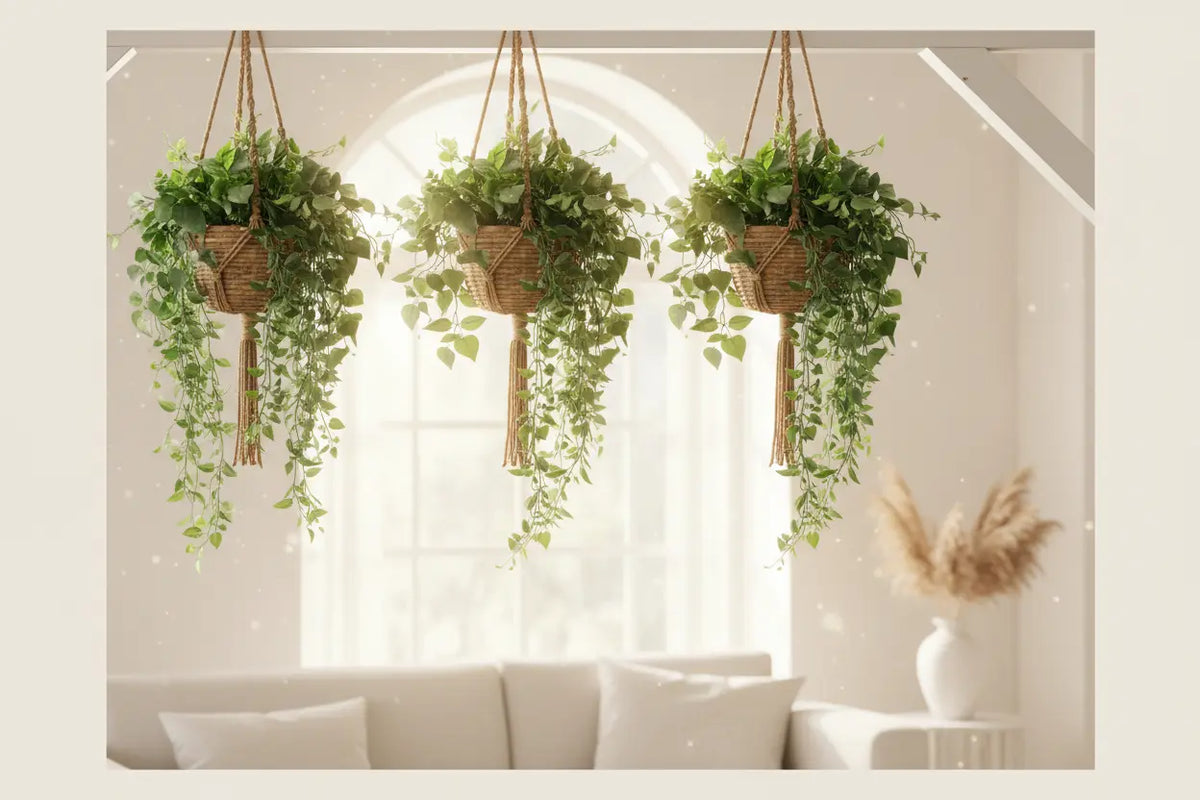 ARICK DECOR artificial hanging plant styled in a modern home interior