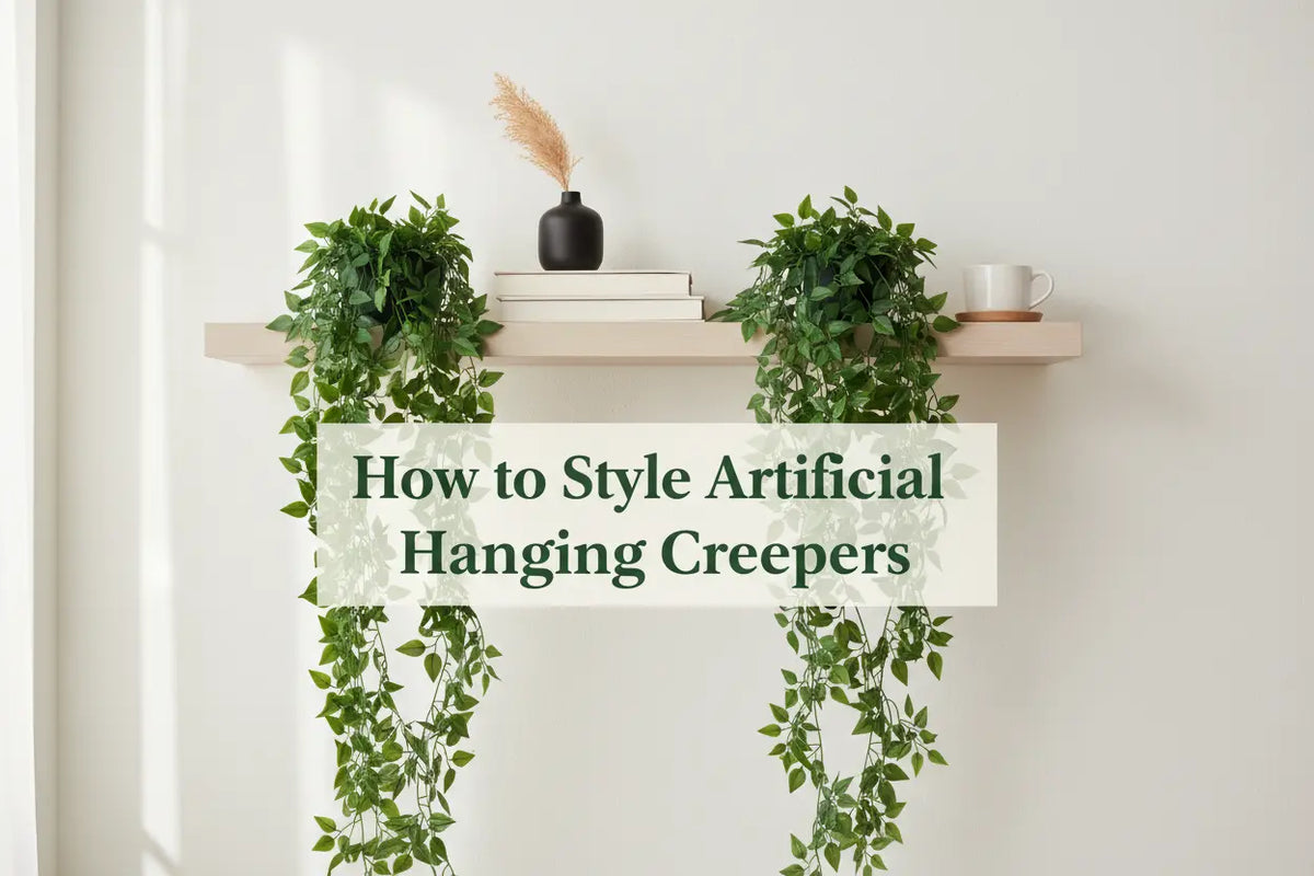 ARICK DECOR artificial hanging creeper styled on a modern interior shelf