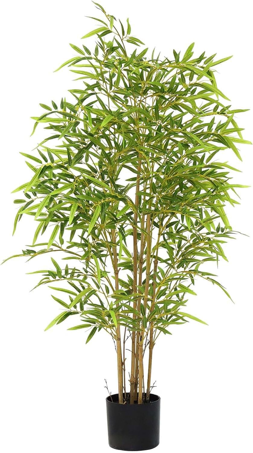 4Ft Artificial Bamboo Tree,Faux Peacock Shaped Plant with Black Plastic Pot for Indoor Outdoor Home Office Decor, Natural Green