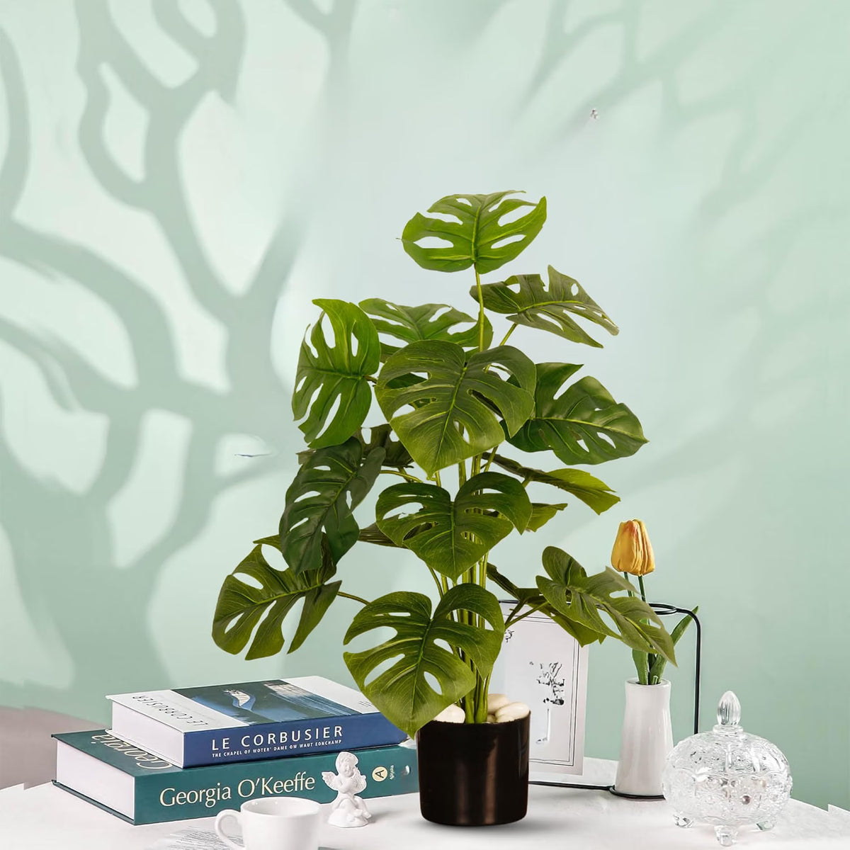 Artificial Monstera Plant | 18 Green Leaves with Basic Black Pot ARICK DECOR