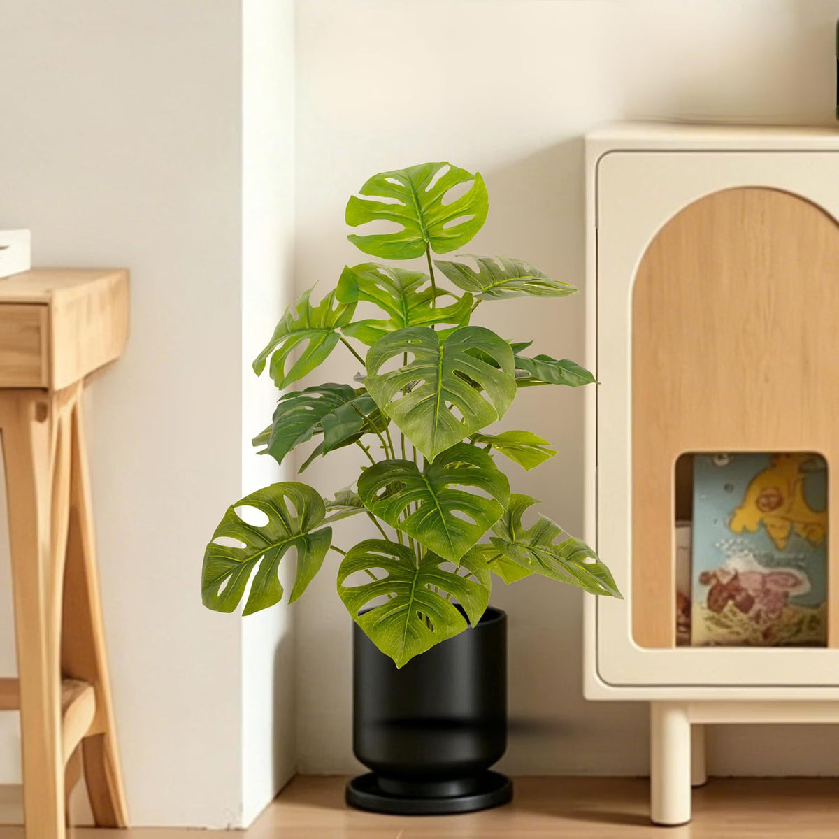 Artificial Monstera Plant | 18 Green Leaves with Basic Black Pot ARICK DECOR