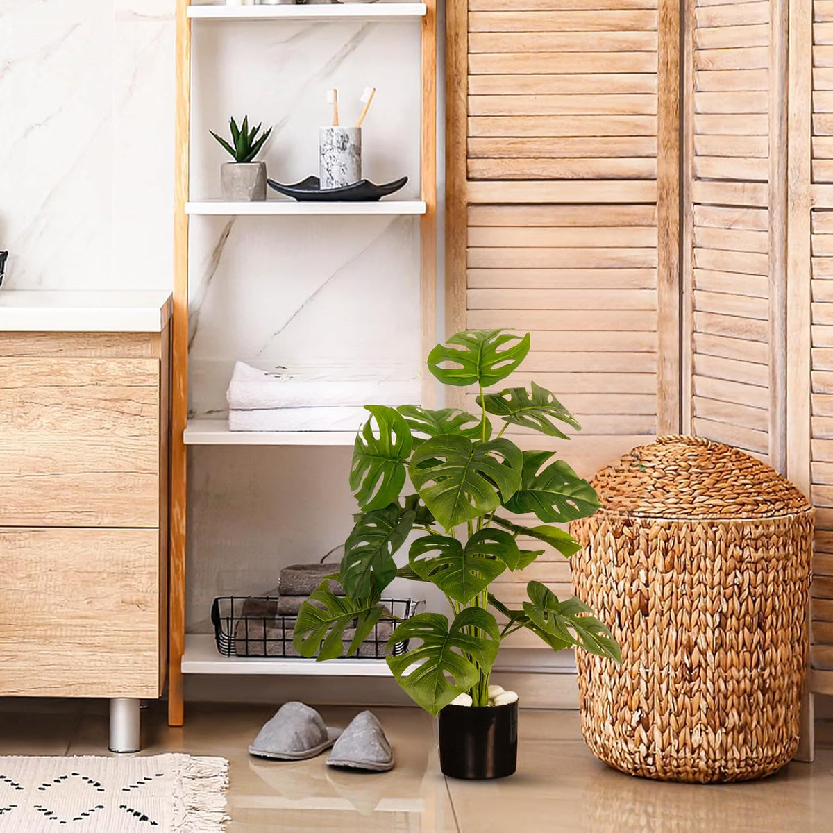 Artificial Monstera Plant | 18 Green Leaves with Basic Black Pot ARICK DECOR