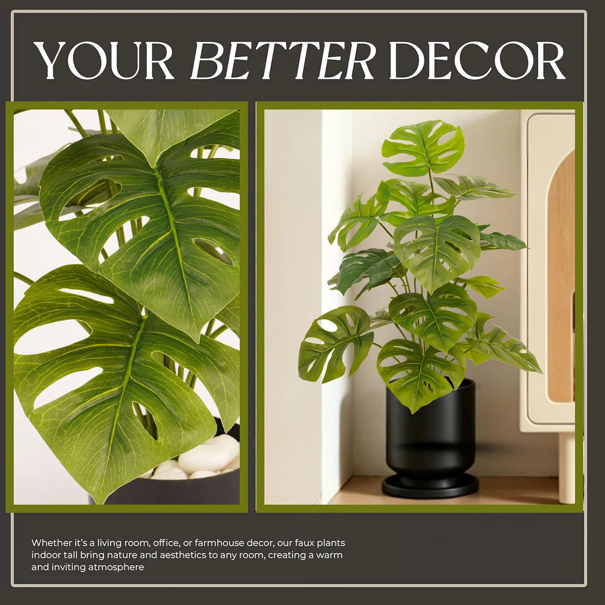 Artificial Monstera Plant | 18 Green Leaves with Basic Black Pot ARICK DECOR