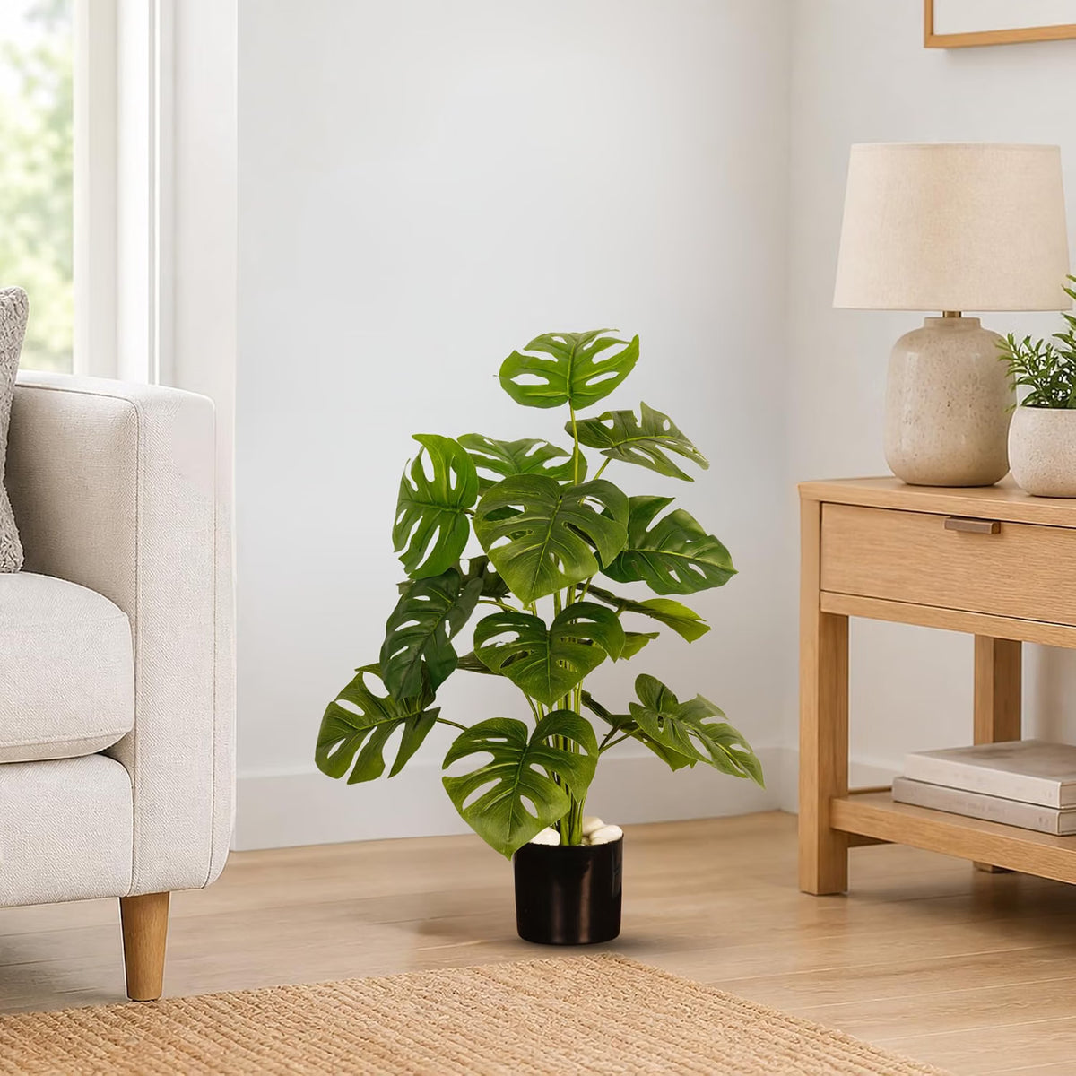 Artificial Monstera Plant | 18 Green Leaves with Basic Black Pot ARICK DECOR