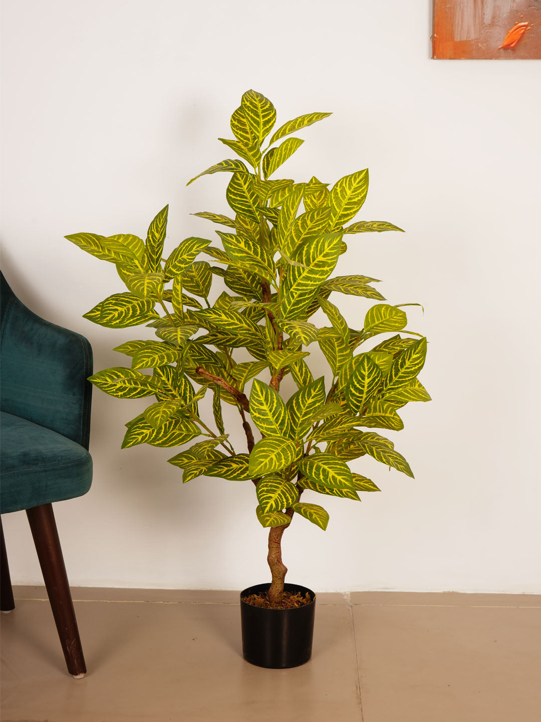 4Ft Artificial Realistic Croton Plant in Black Pot