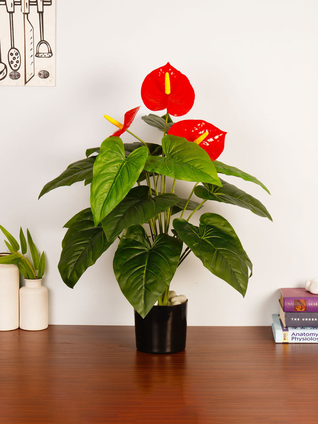 2.1Ft Artificial Anthurium Plant with Red Flowers & Black Pot