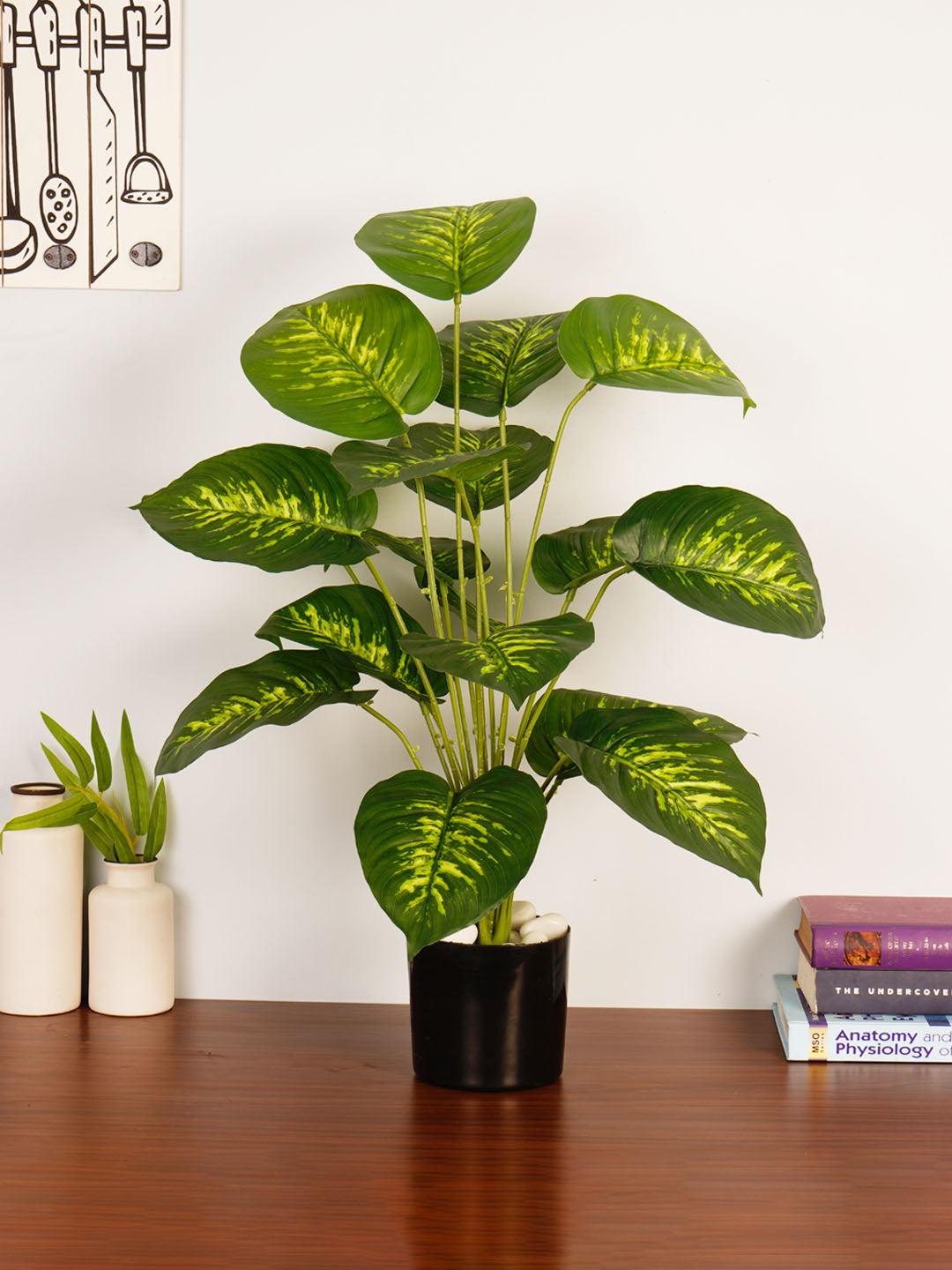 Artificial Dieffenbachia Plant in Black Pot