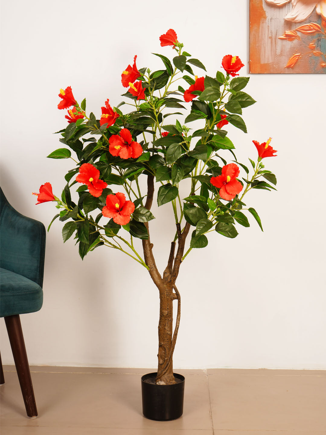 4.3Ft Artificial Hibiscus Plant with Red Flowers & Black Pot