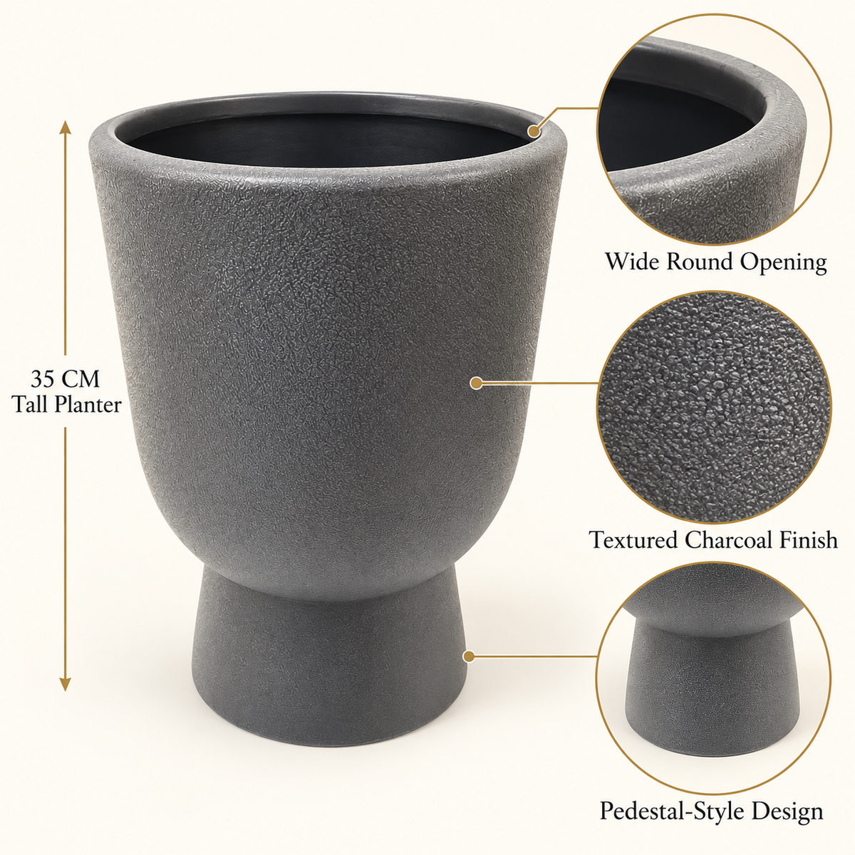 Charcoal Grey Textured Pedestal Planter – 35 cm